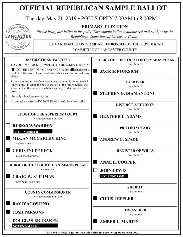 Sample Ballot for the Primary Election Tomorrow! Lancaster Republicans