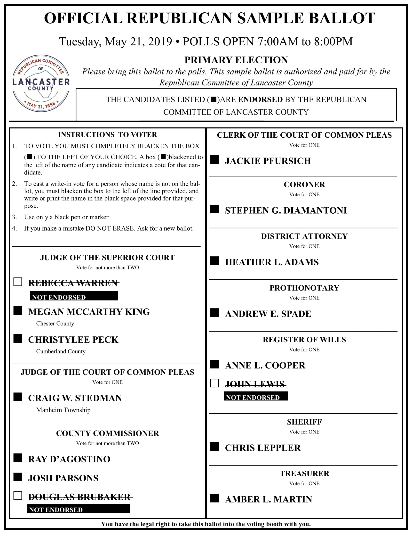 Sample Ballot for the Primary Election Tomorrow! Lancaster Republicans